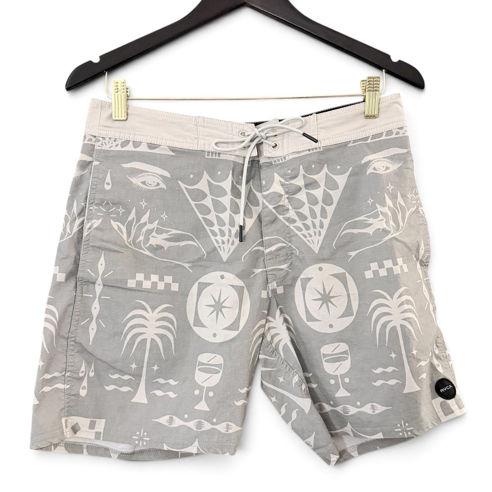 RVCA Mens Size 30 Board Shorts Grey White Nature Graphic Print M1033RVT